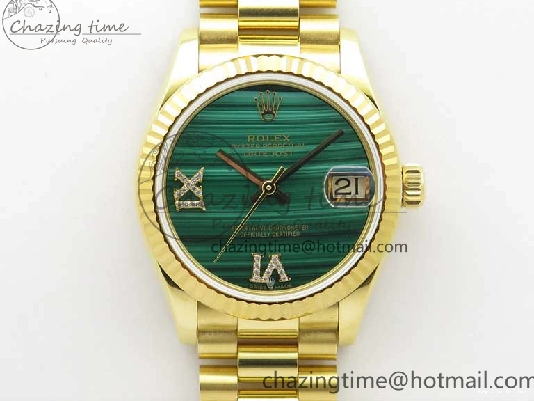 0516 Daydate 278288 31mm YG EWF Best Edition Green Malachite Dial on YG President Bracelet ETA SunProtective 2605
